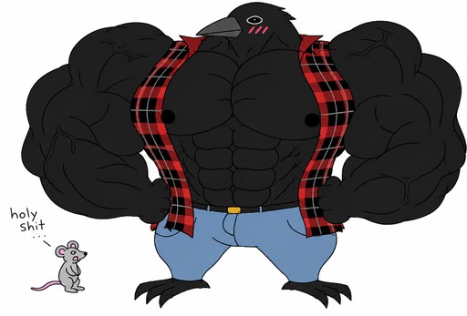 Cartoon black creature wearing a red plaid vest and blue pants, with a tiny figure nearby