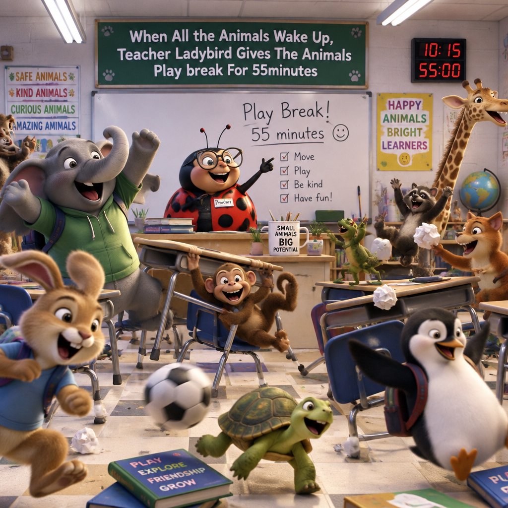 Colorful cartoon animals play in a classroom beneath a humorous 55-minute break sign.