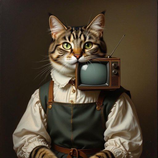 Gatto con un grembiule di scuola e una TV in bocca