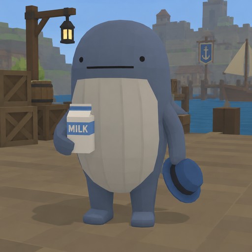 Blue cartoon sea creature holding a milk carton beside a harbor dock, blocky 3D style