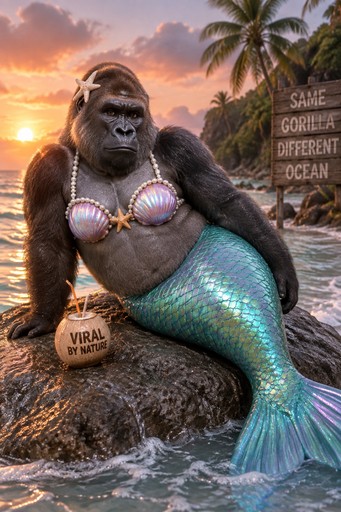 A gorilla mermaid with seashells and a turquoise tail sits on a beach at sunset.