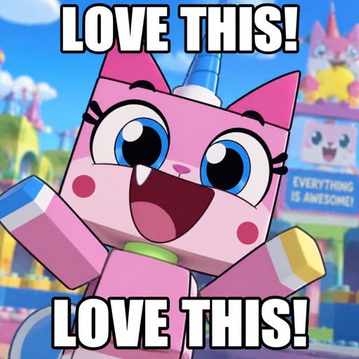 Pink cartoon cat with blue eyes and raised arms, meme text saying “LOVE THIS!”