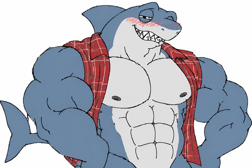 Cartoon shark character flexing with muscular arms, wearing a red plaid vest.