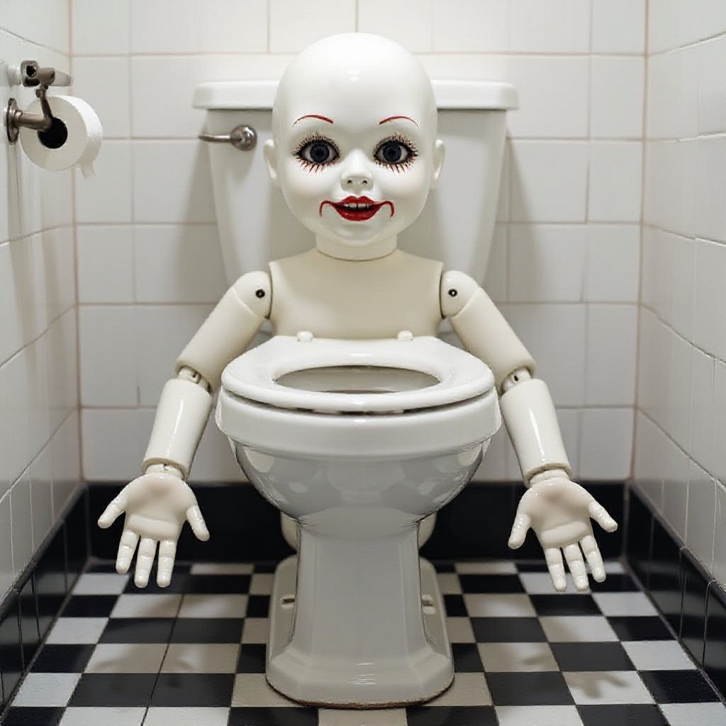 A toilet with a creepy Face and has hands and all White
