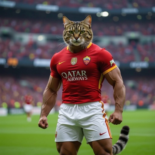 Un gatto muscoloso allo stadio con la maglia della Roma