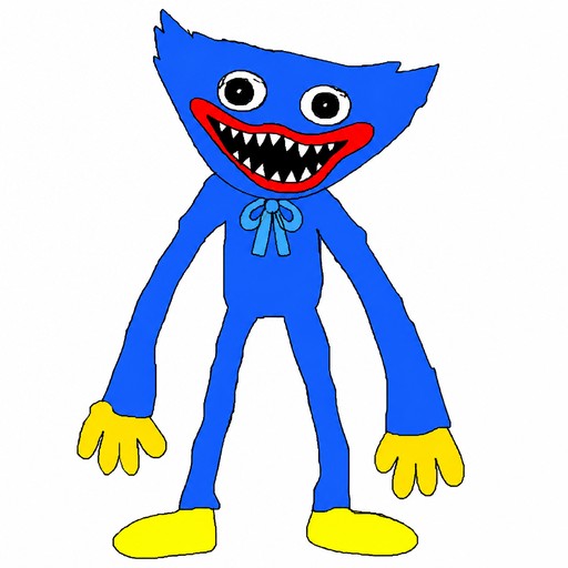 Blue cartoon creature with red mouth, sharp teeth, long limbs, and yellow hands and feet