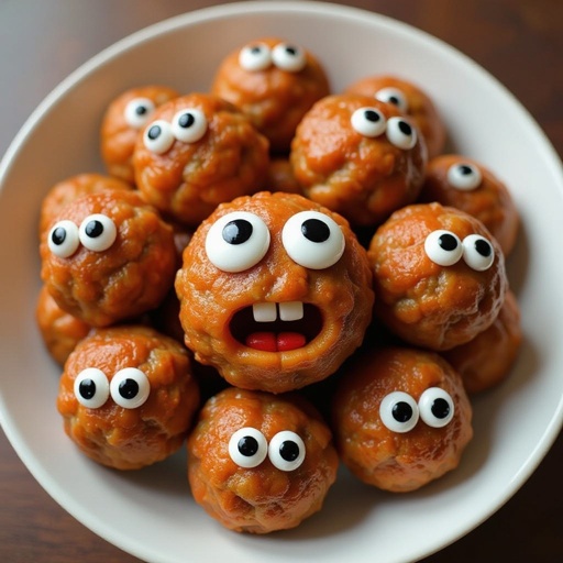 Delle polpette con occhi e bocca