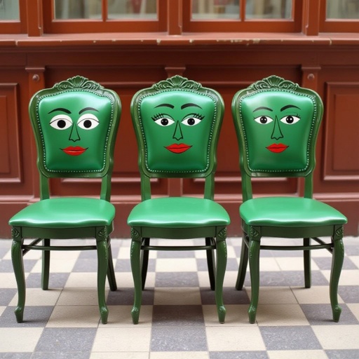 Three chairs with faces next to each other green
