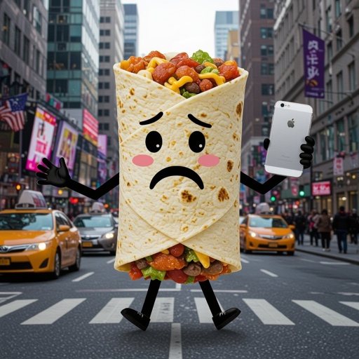Burito with sad human face 2 black arm 2 black leg with I phone in city