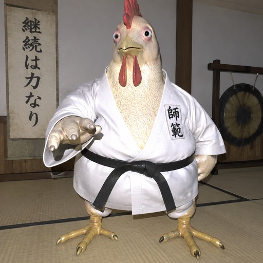 Chicken in a martial arts uniform poses in a tatami room with Japanese decor.