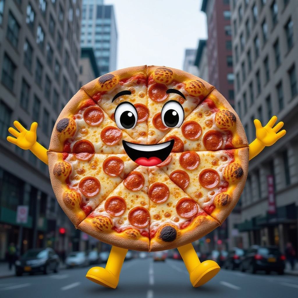 Pizza with human face 2 yellow arm 2 yellow leg in city