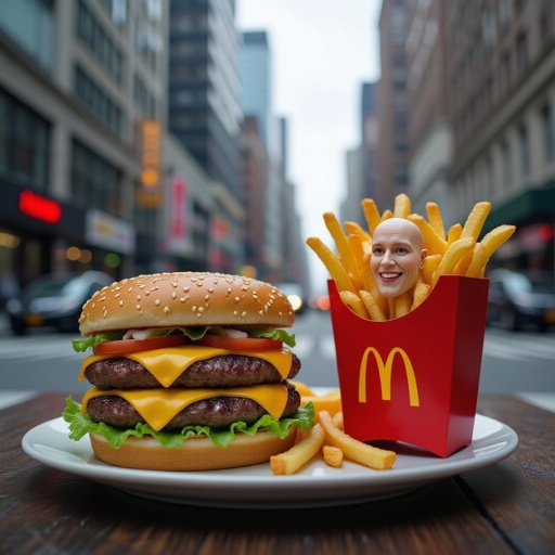 Cheeseburger with human face 2 human leg and fries with human face 2 human leg in city