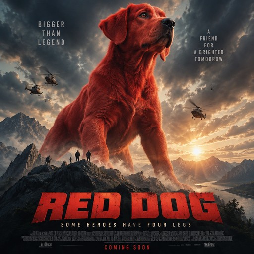 Giant red dog towers over mountains at sunset in dramatic fantasy poster style.