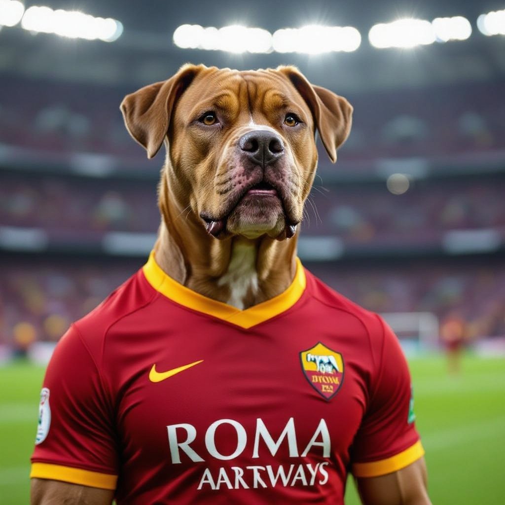 Un cane muscoloso con la maglia della Roma