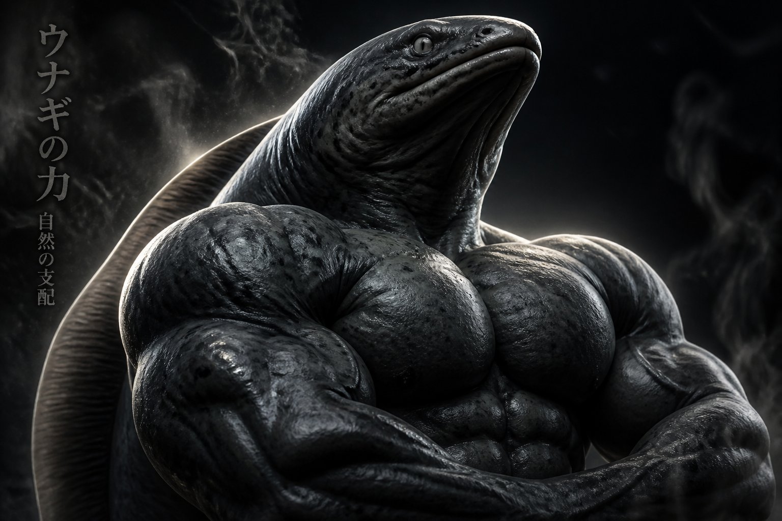 Dark monochrome surreal illustration of a muscular serpent-like creature flexing.