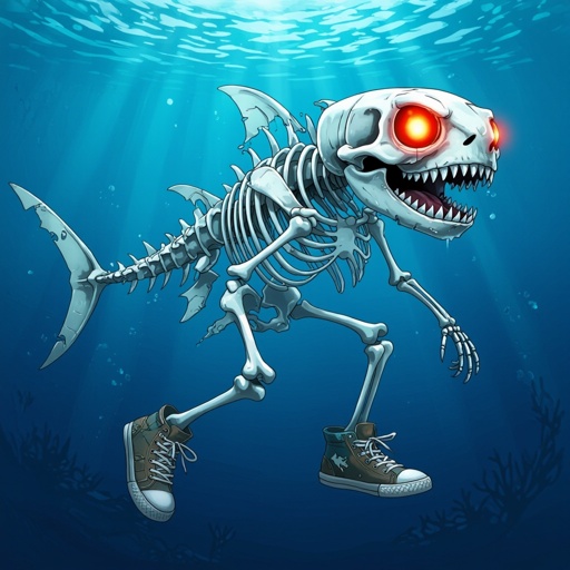Skeleton shark 2 skeleton leg with wear old shoes in ocean