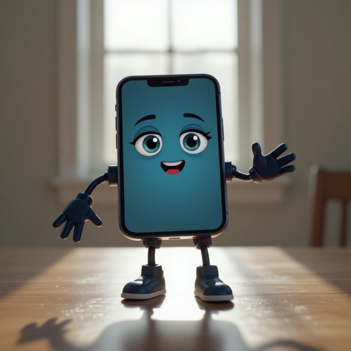 Um celular com braço e com olhos