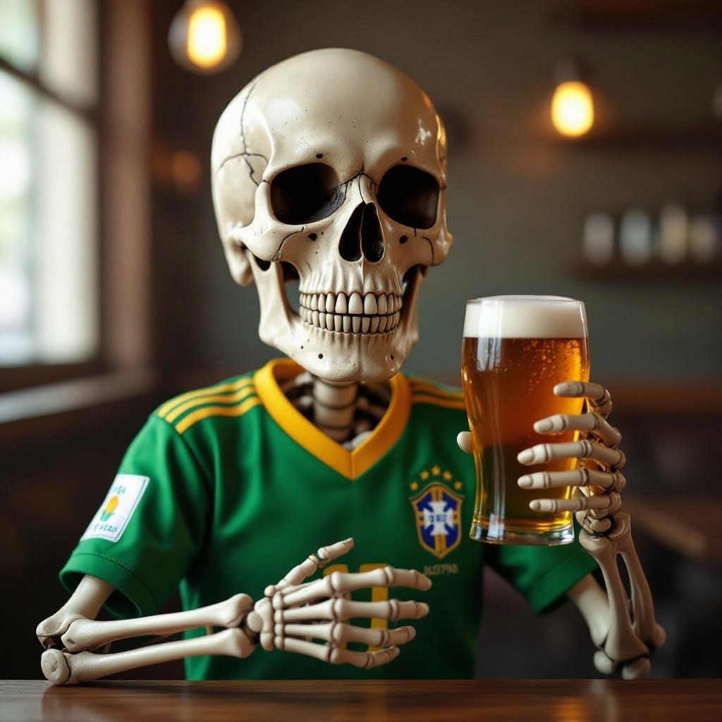 Uma caveira com a blusa do Brasil e bebendo cerveja