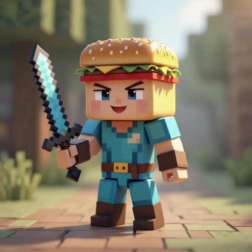 Um estive do Minecraft bebê com uma espada e um peitoral azul e com um hambúrguer quadrado na cabeça
