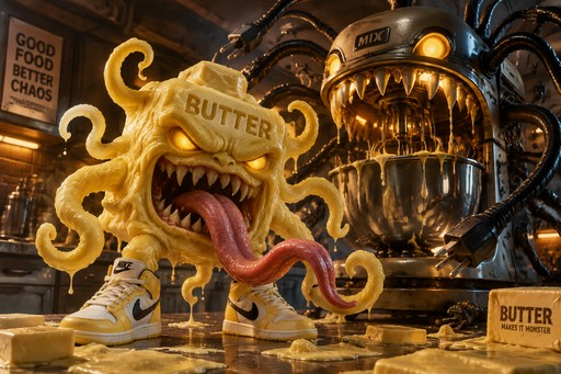 Cartoon butter creature with sneakers beside a giant mechanical monster in a café.