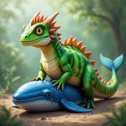 Un drago con il corpo di un dinosauro anguria la coda di una balena azzurra capelli, un cavallo occhi da camaleonte