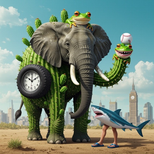 Elephant with cactus body with tire with frog head and shark head with human head 1 human arm with baseball 1 shark leg and human leg wear blue shoes and sandals with clock in city