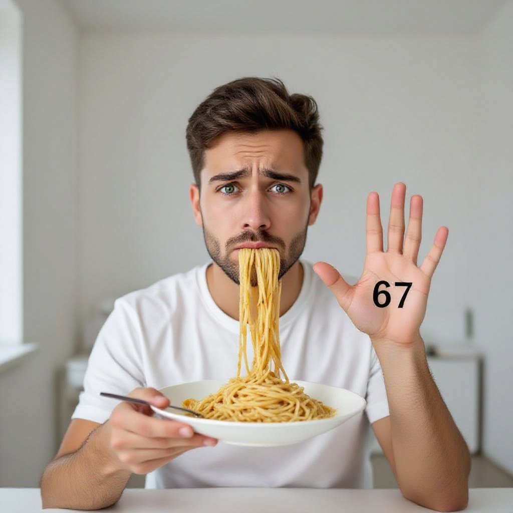 toiled with spaghetti in the toiled and it have eyes and Tho number in the is 67 in his hand in a White room