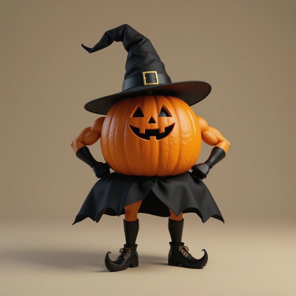 Una zucca con i muscoli con il cappello con le gambe da strega
