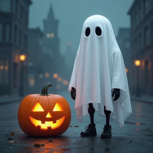 Ghost with 2 human leg and jack o lantern pumpkin with 2 human leg in city