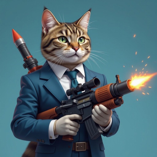 Un gatto con un lancia razzi con un vestito blue