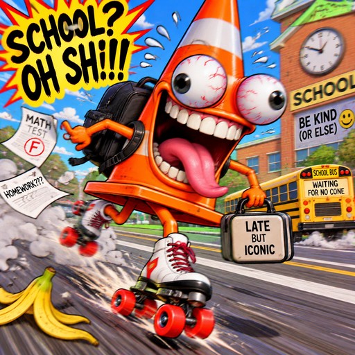 Colorful cartoon cone character roller-skating past school signs and scattered banana peels