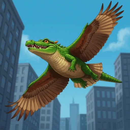 Crocodile with owl body in city