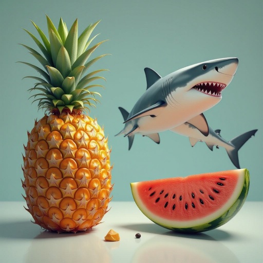 A pineapple with a shark and a watermelon combination
