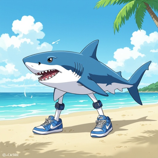 Squalo con tre gambe e tre piedi con le Nike azzurre nella spiaggia