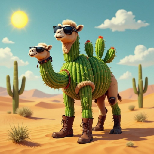 Camel with cactus body 5 cactus leg 5 wear boots wear black glasses in desert