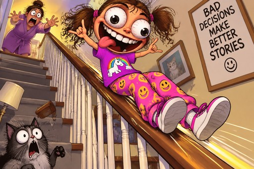 Cartoon person slides down a staircase in colorful pajamas as a dog watches.
