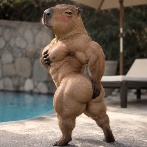 Muscular capybara standing beside a swimming pool in a surreal meme style
