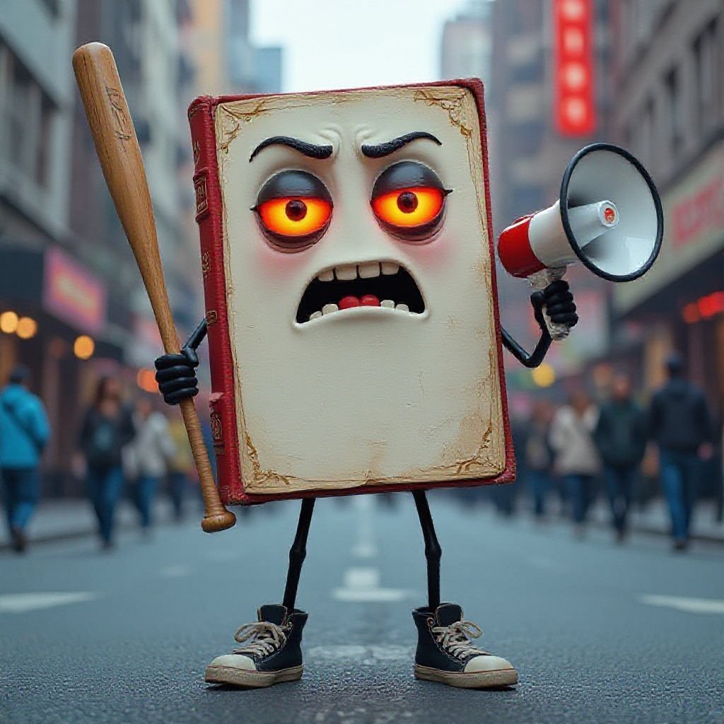 Book with human face 2 red eye 2 black arm 2 black leg with wear 2 shoes with baseball bat and megaphone in city