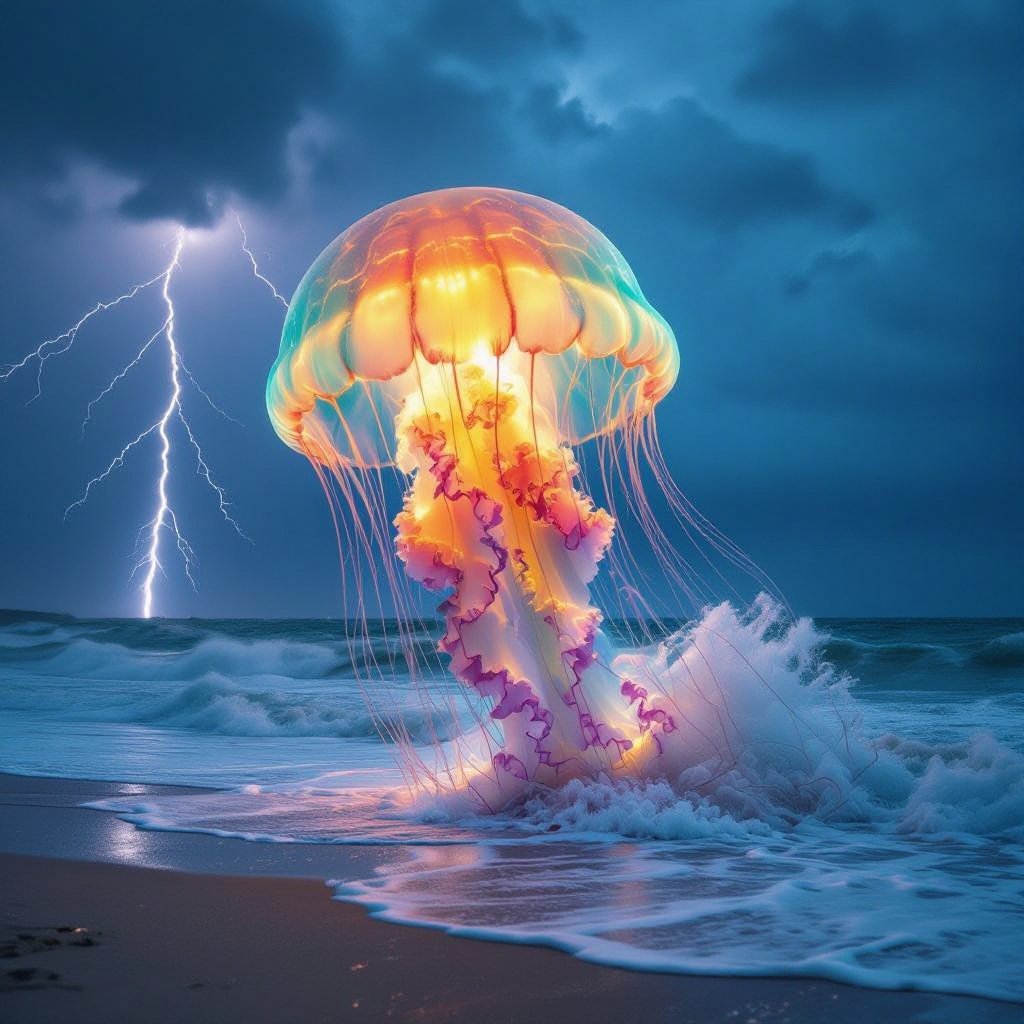 Giant rainbow jellyfish in beach storm