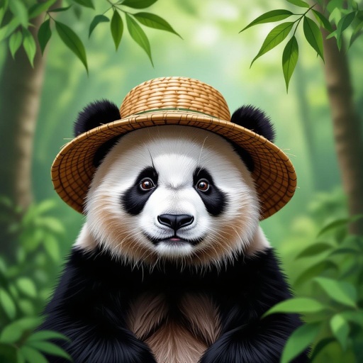 Peach panda with a basket hat in the forest