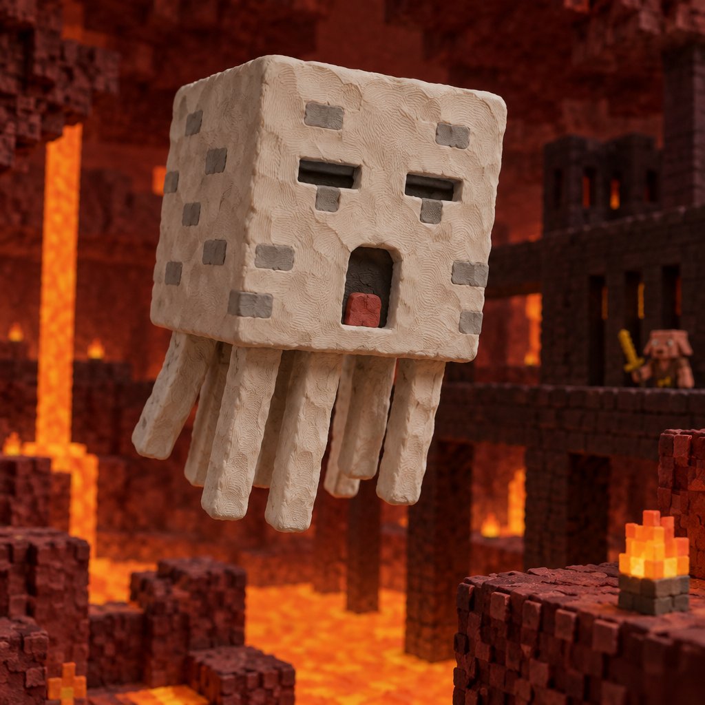 Blocky pixel-art ghast floating above lava in a fiery fortress landscape
