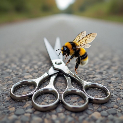A bumblebee in scissors flying above a road