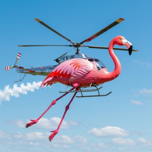Flamingo with helicopter body in sky