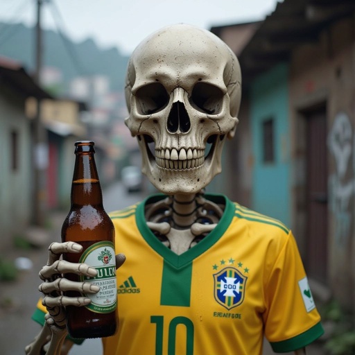 Uma caveira com a blusa do Brasil e bebendo cerveja na favela