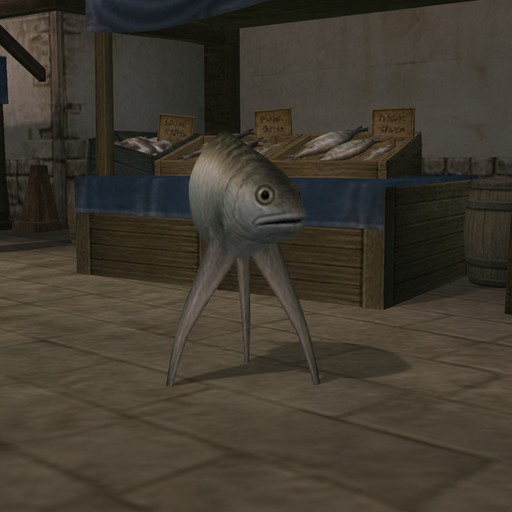 A surreal fish-like creature with long legs stands in a rustic indoor market.