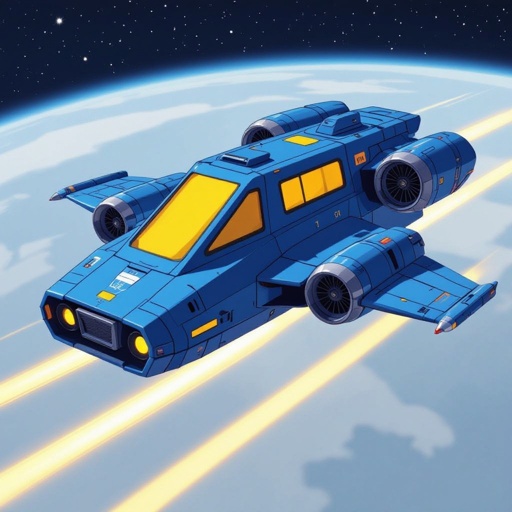 Una nave spaziale rettangolare blu con un vetro verticale giallo e con due turbine ai lati