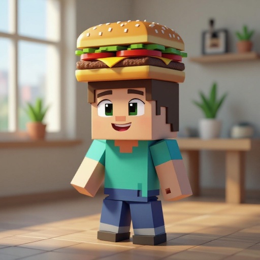 Um estive do Minecraft bebê com um hambúrguer quadrado na cabeça