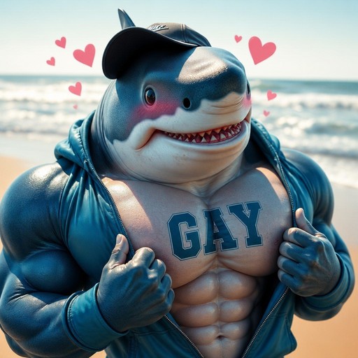 Cartoon blue shark wearing a cap and jacket, posing with thumbs up by the ocean.