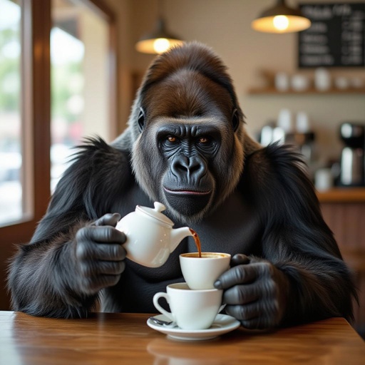 カフェでコーヒーを注ぐゴリラ