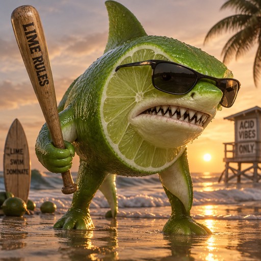 Lime-green shark with sunglasses and bat stands on a tropical beach at sunset.